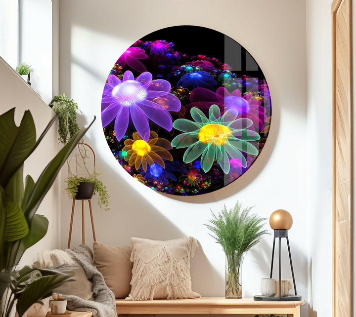 Neon Flowers Glass Wall Art, glass art painting, glass art for the Wall