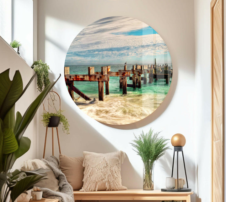 Peaceful Beach Scene with Wooden Structure – A Nature-Inspired Glass Art
