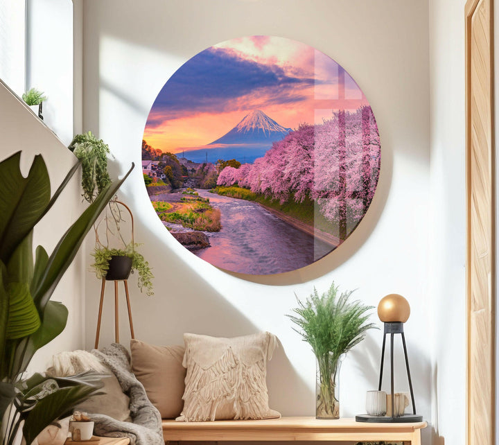 Traditional Japanese Landscape with Blooming Cherry Trees – Glass Wall Art
