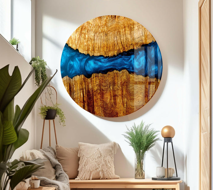 Epoxy Pattern Wood and Blue Glass Wall Art