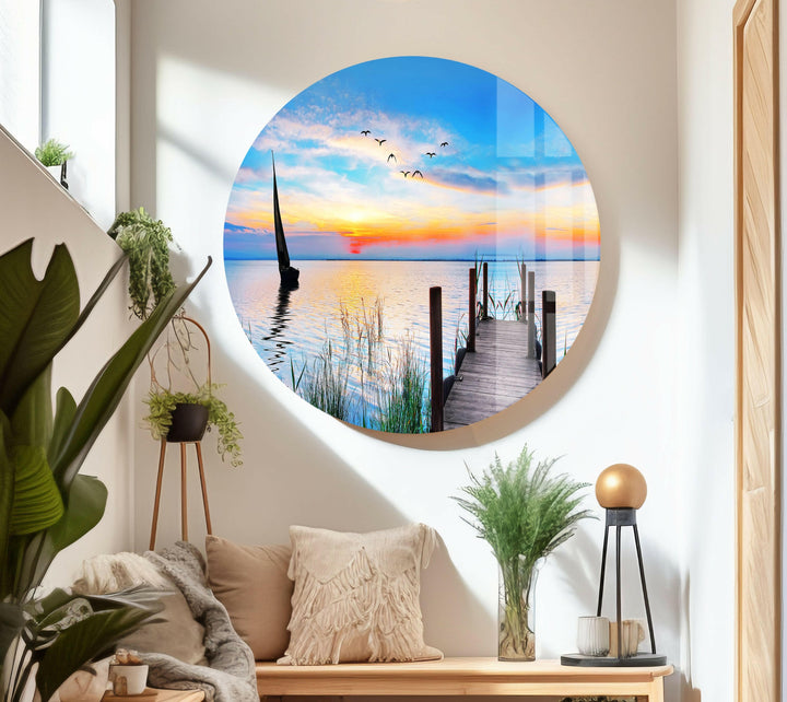 A beautiful landscape art print capturing the serenity of a wooden pier and a sunset in a peaceful coastal setting.
