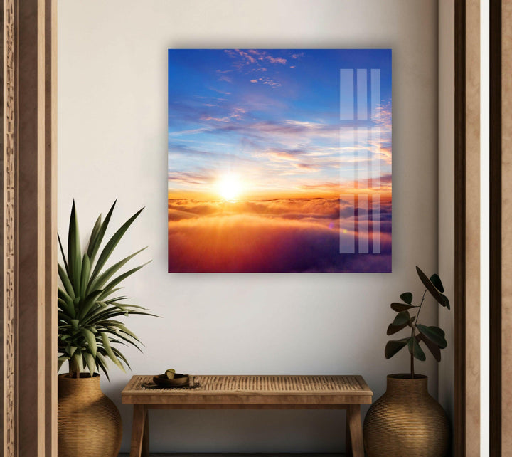 Tranquil Cloudscape with Warm Sunlight – A Beautiful Glass Art Decor
