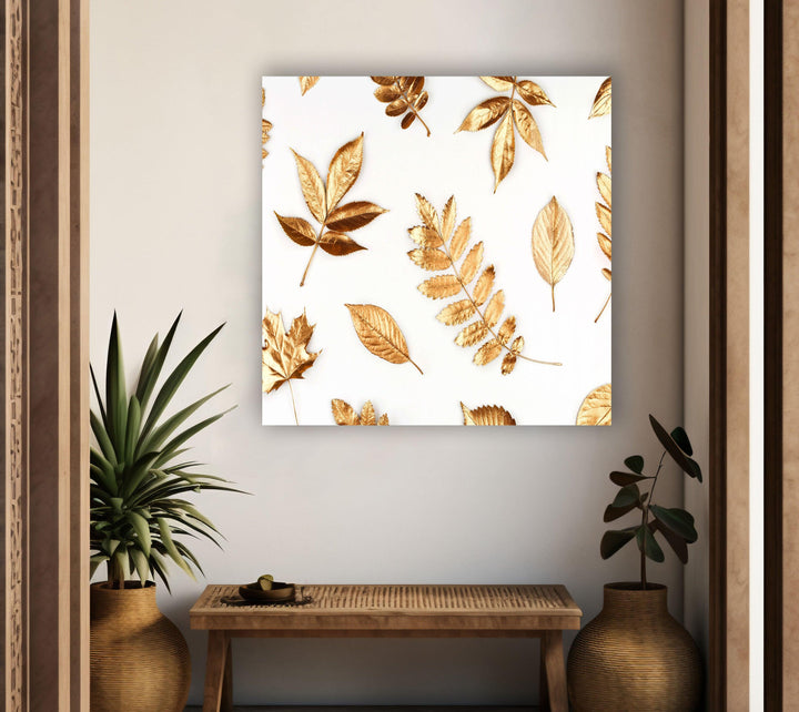 Golden Leaves Glass Wall Art, glass pictures for Wall, glass prints wall art