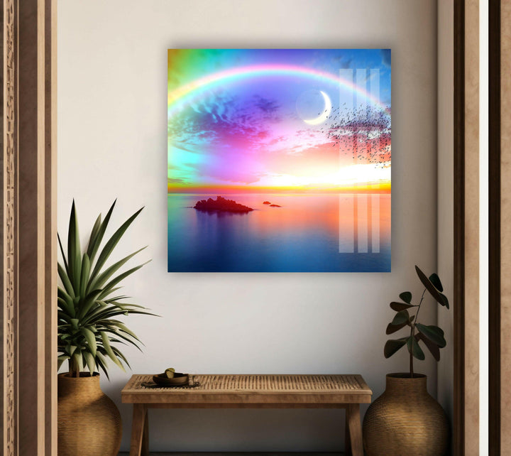 Magical Twilight Scene with Rainbow and Sunset Glow
