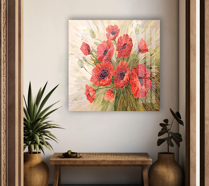 Stained Glass Red Poppies Glass Wall Art, art glass wall art, glass wall art pictures
