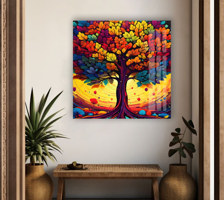 Colorful Tree Painting Glass Wall Art print on glass, glass printed photos