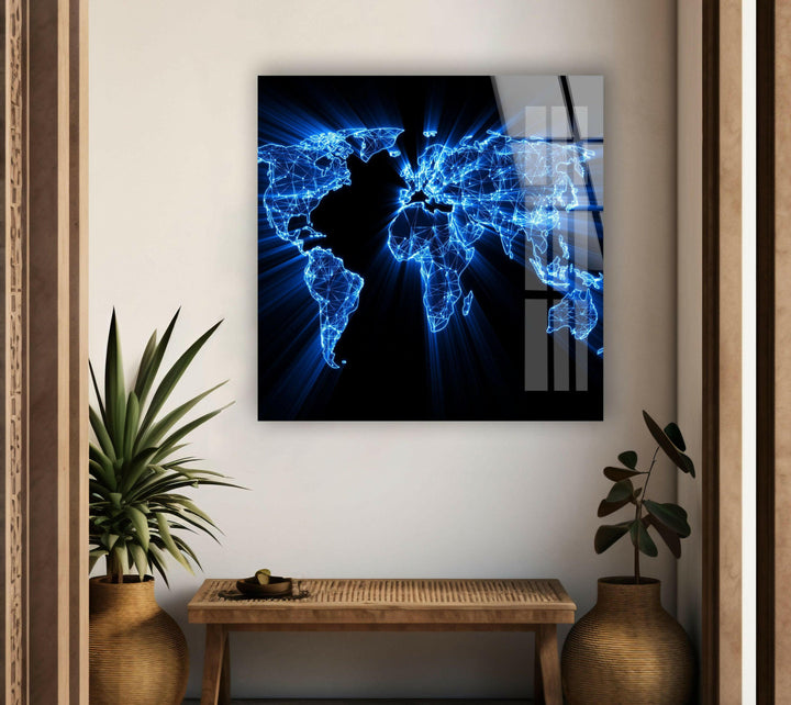 Wandbild aus Glas mit Weltkarte in Blau
