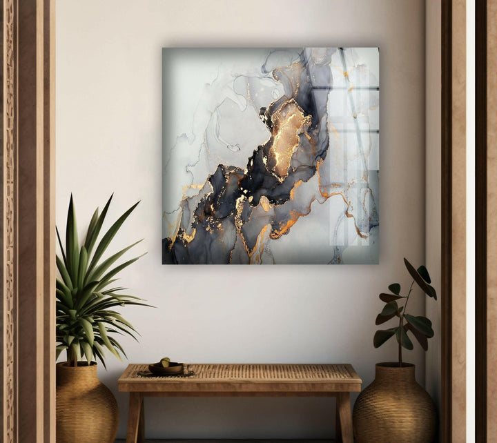 Grey Golden Marble Stunning Abstract Art Printed on Glass