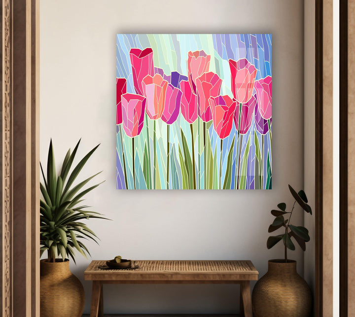 Pink Tulip Stained Glass Wall Art, custom glass pictures, glass art prints