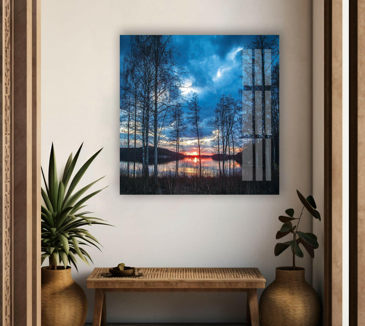 Scenic Evening Glow Over Water – A Captivating Glass Artwork
