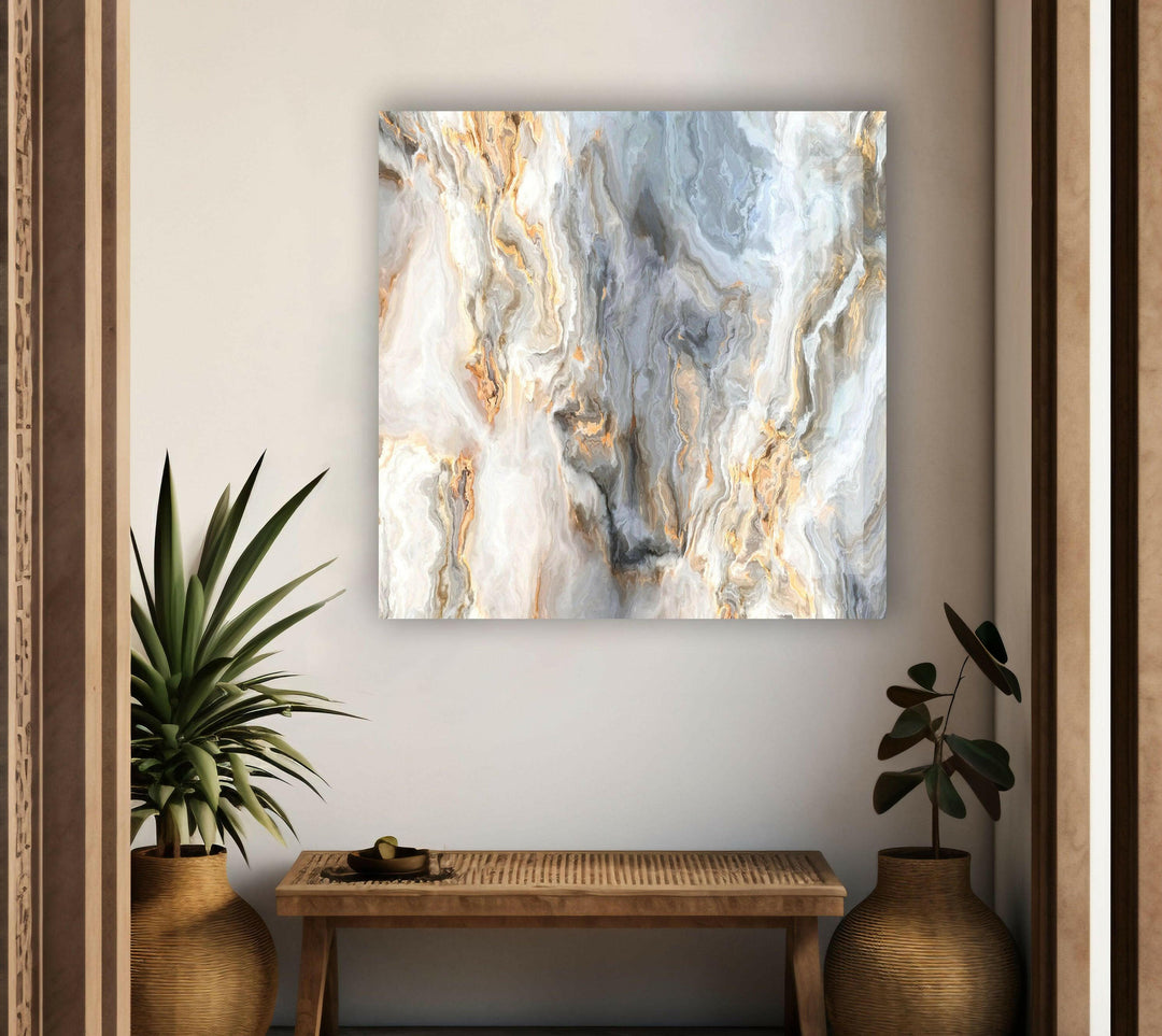 Wandkunst aus Marmorglas mit gewellten grauen und goldenen Adern