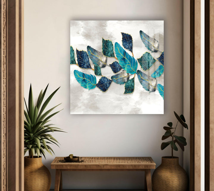 Blueish Golden Leaves Glass Wall Art, photo print on glass, prints on glass wall art
