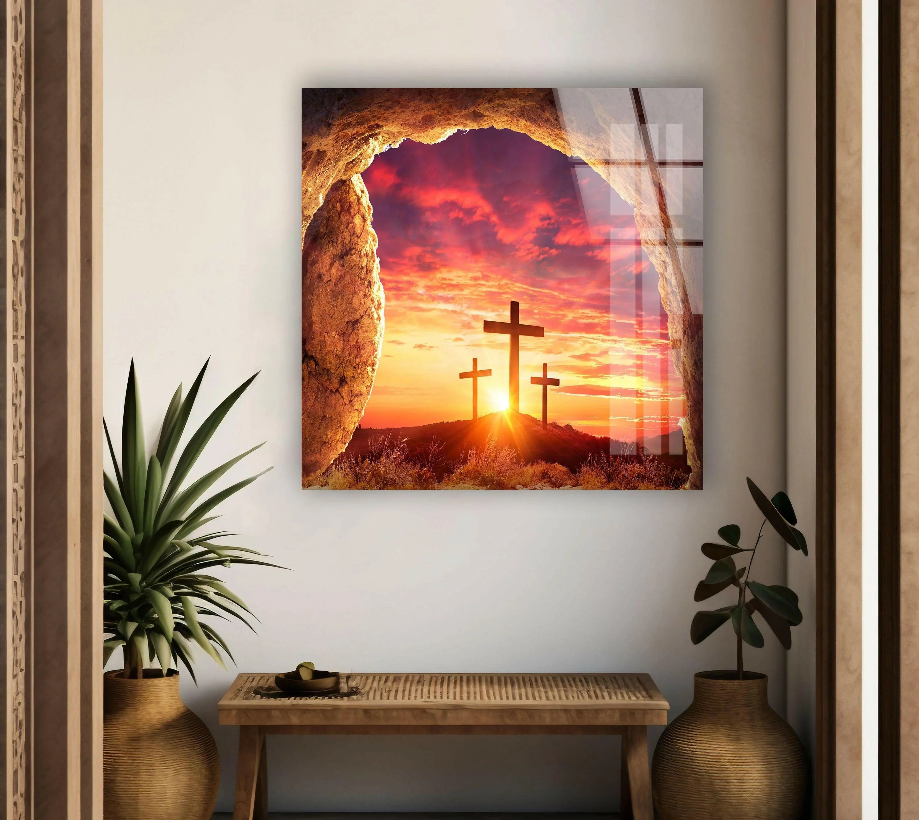 Christian Cross with Sunset Wall Decor – Spiritual Glass Artwork