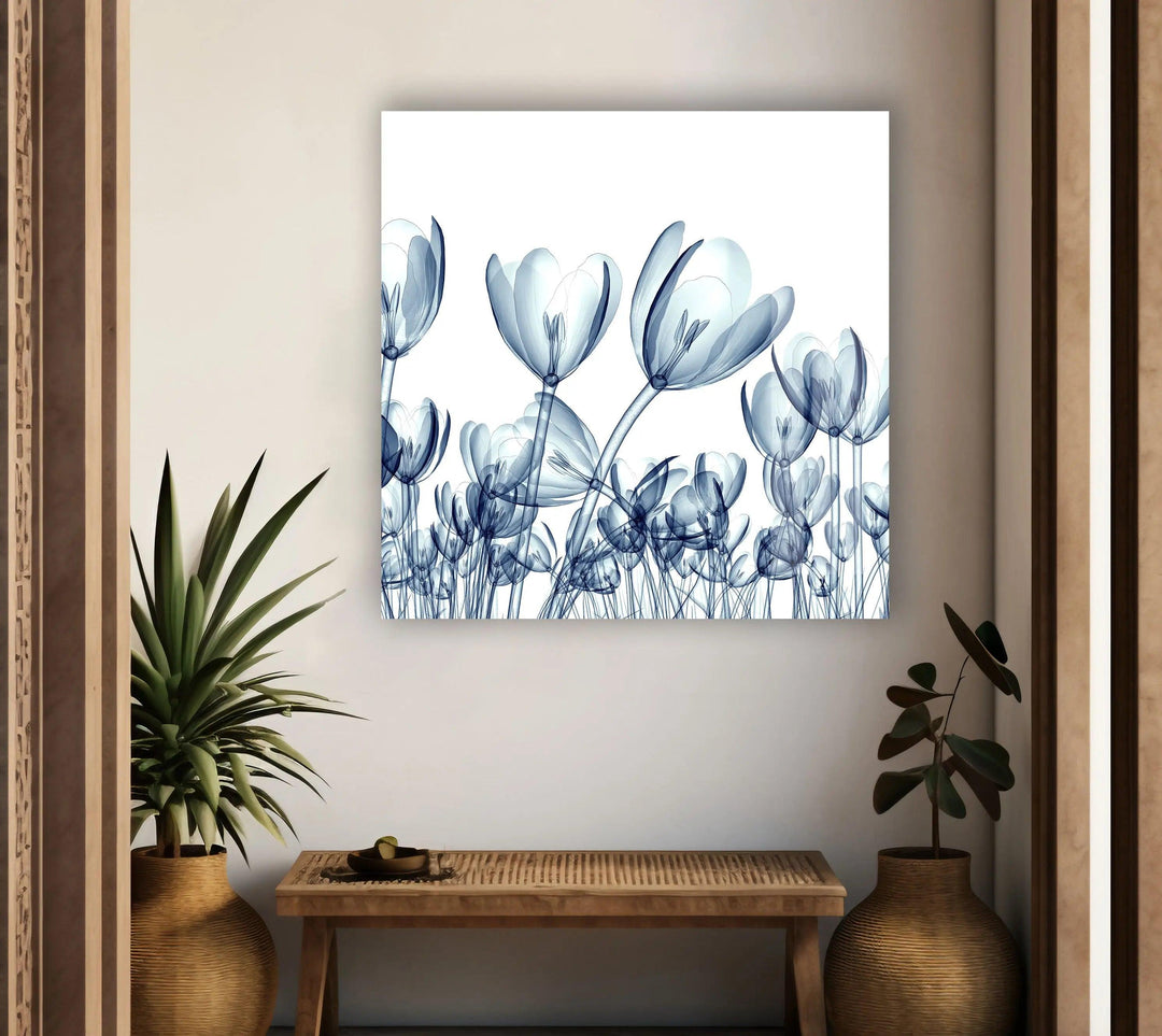 Xray Blue Tulip Flowers Glass Wall Art, photo print on glass, prints on glass wall art