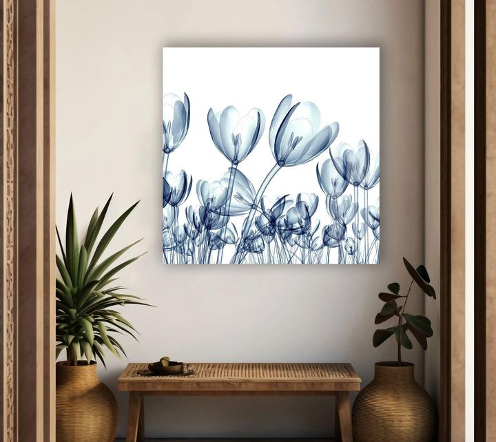 Xray Blue Tulip Flowers Glass Wall Art, photo print on glass, prints on glass wall art