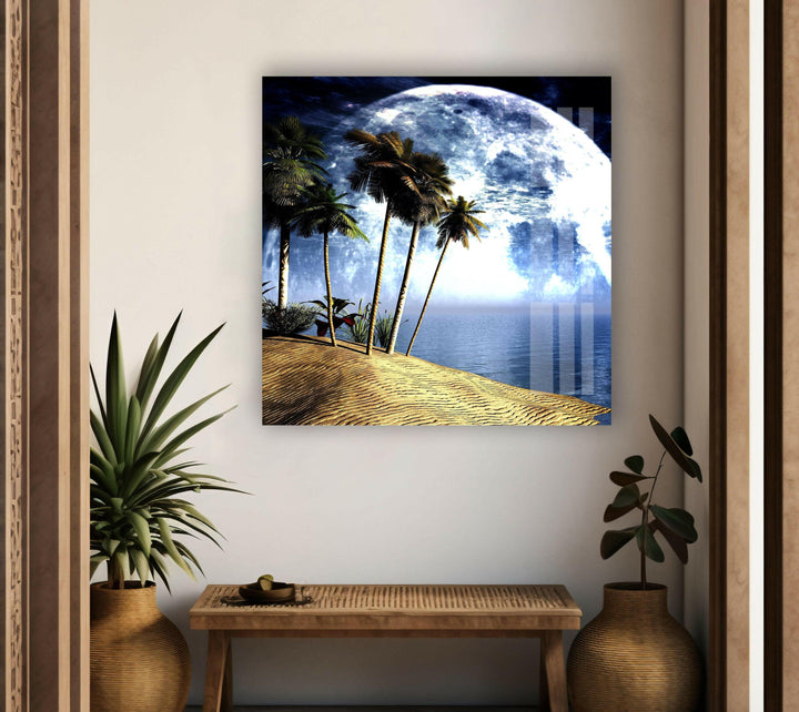 Exotic island nightscape print featuring a tranquil beach and a glowing moon.
