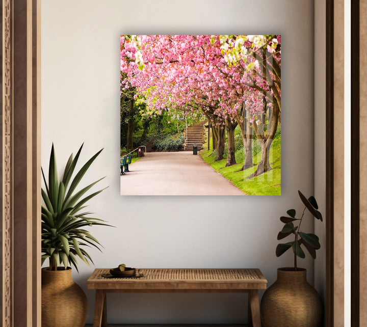 Springtime Serenity in a Cherry Blossom Park – A High-Quality Glass Artwork
