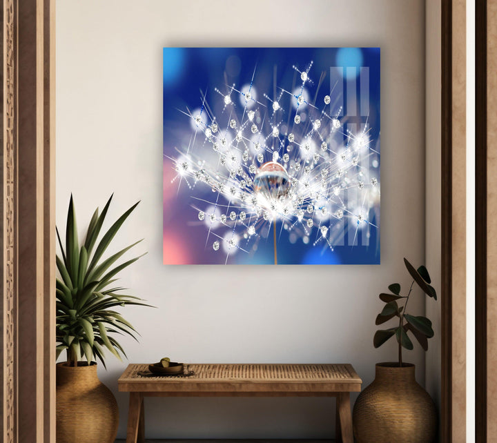 Blue Dandelion With Drops Glass Wall Art, art glass wall art, glass wall art pictures