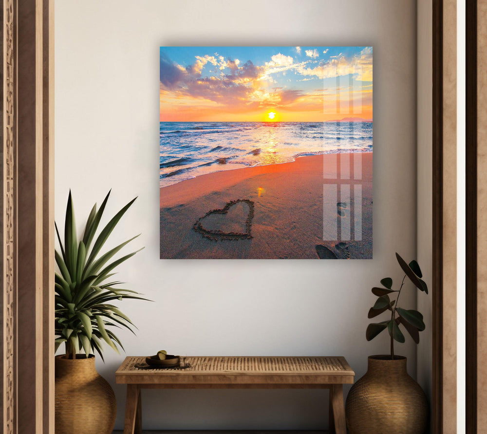 Heart in the Sand at Sunset – A Stunning Glass Wall Art for Beach Lovers

