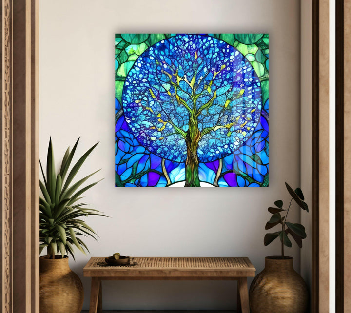 Stained Glass Of Tree Of Life In Blue Glass Wall Art, glass art painting, glass art for the Wall