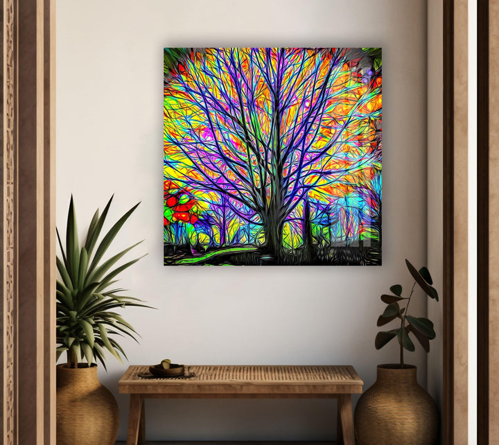 Farbenfrohe Wandkunst aus Glas mit Lebensbaummotiv