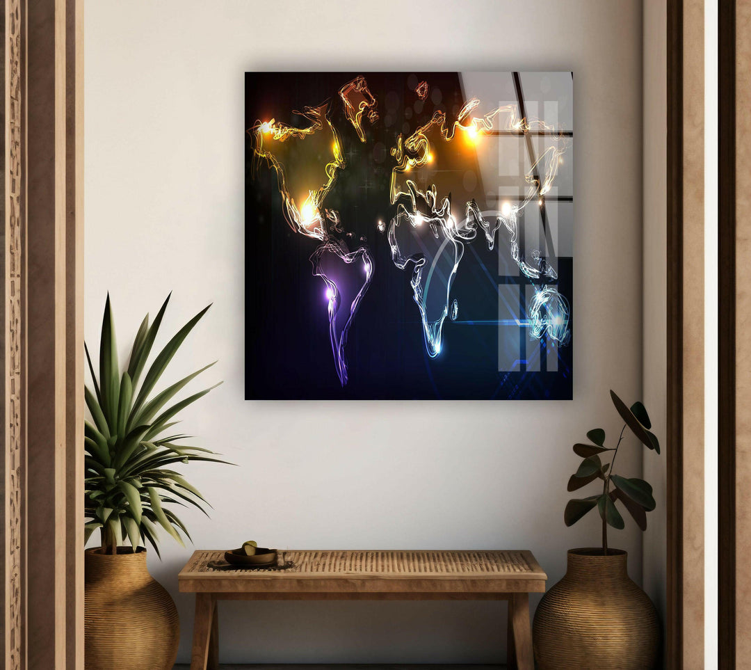 Neon World Map Glass Printing Wall Art