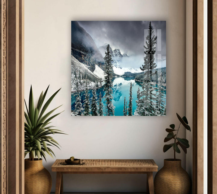Peaceful Alpine Retreat with Snow-Capped Mountains – A Nature-Inspired Glass Print
