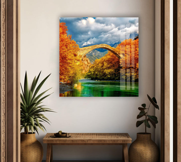 Vibrant Fall Scene with a Stone Bridge – Perfect for Home Décor
