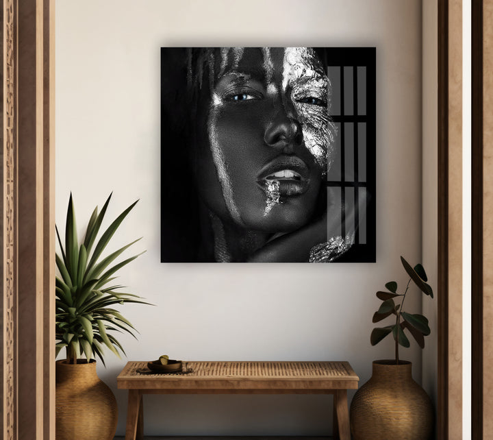 Black & Silver Woman Portrait Glass Wall Art
