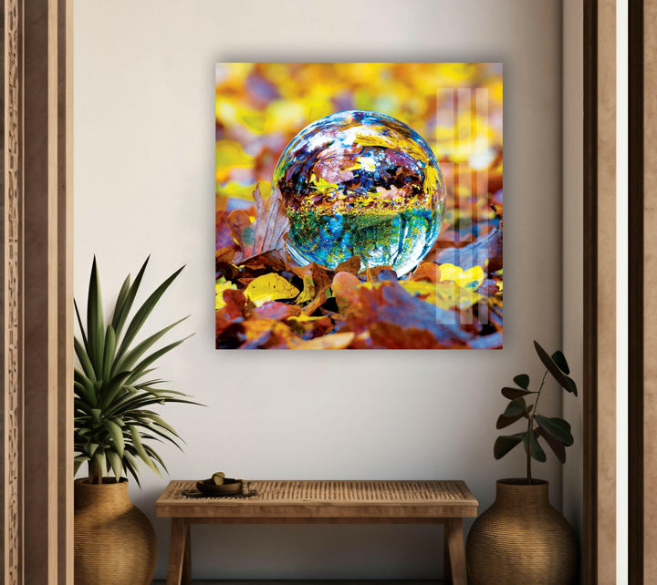 Landscape photo for sale highlighting a crystal-clear sphere surrounded by warm autumn tones.
