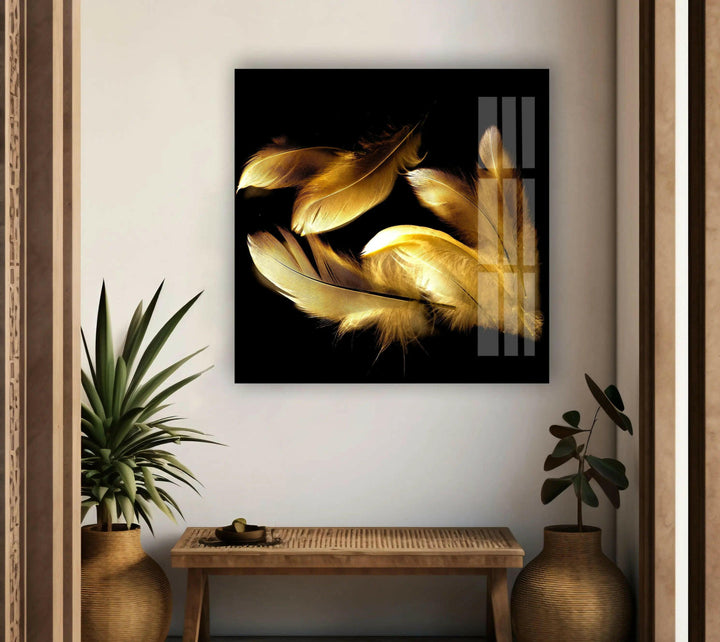 Gold Feathers Tempered Glass wall Art