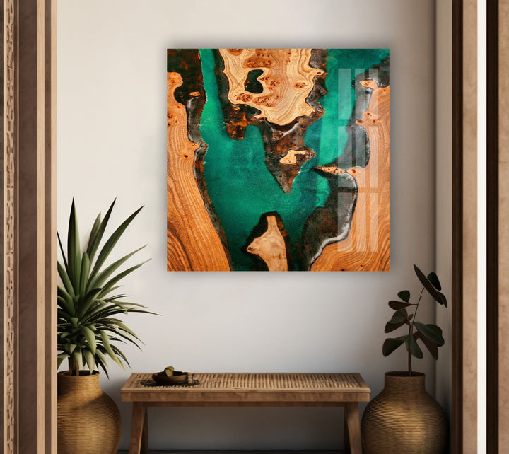 Abstrakte Wandkunst aus Glas in grünem Epoxidharz