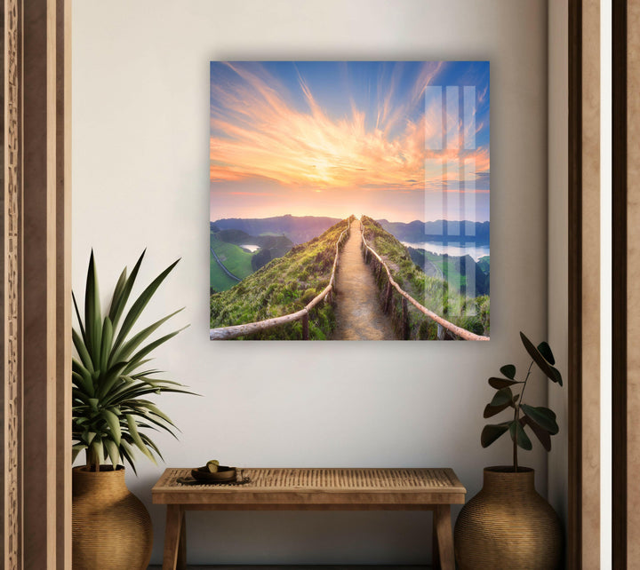 Tranquil mountain ridge at sunrise, printed on durable tempered glass for a sleek finish.
