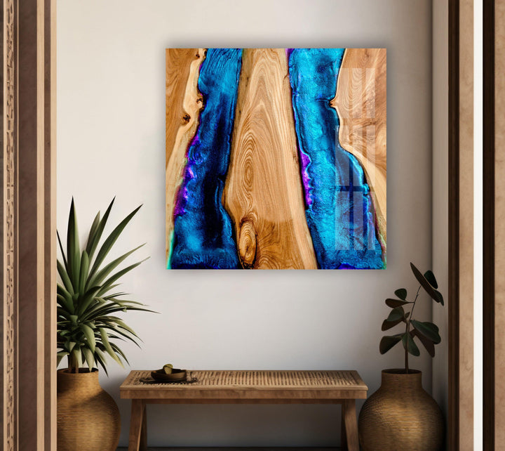 Wandkunst aus Holz und blauem Epoxidglas