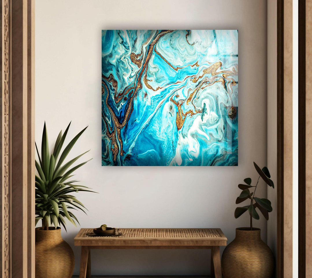 Gold and Turquoise abstract artdesigna Glass Wall Art