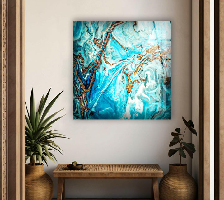 Gold and Turquoise abstract artdesigna Glass Wall Art