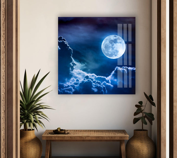 Luminous Full Moon Above Dark Clouds – A Stunning Glass Print

