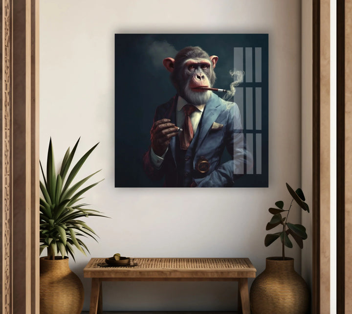 Smoking Monkey Wall Art – Funny Dressed-Up Chimp in Suit Glass Print for Bold Modern Decor - MyPhotoStation