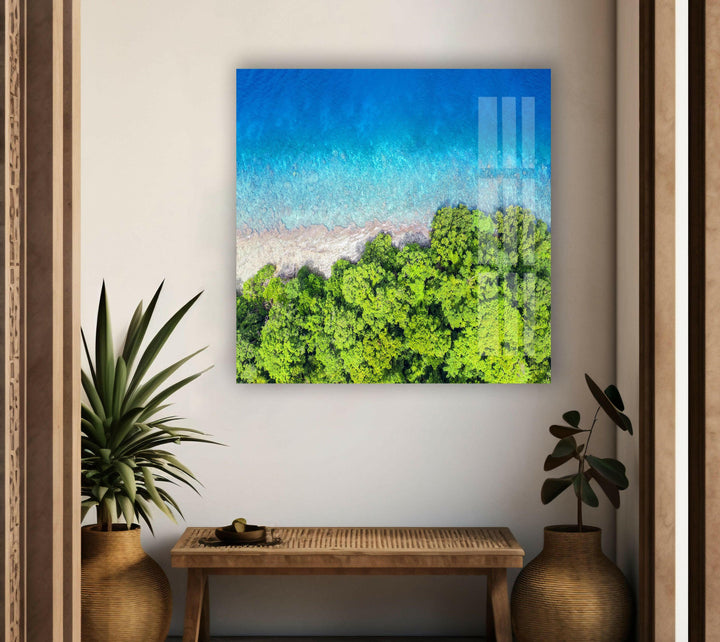 Ocean, Sand, and Forest Harmony – A Stunning Nature-Inspired Glass Print
