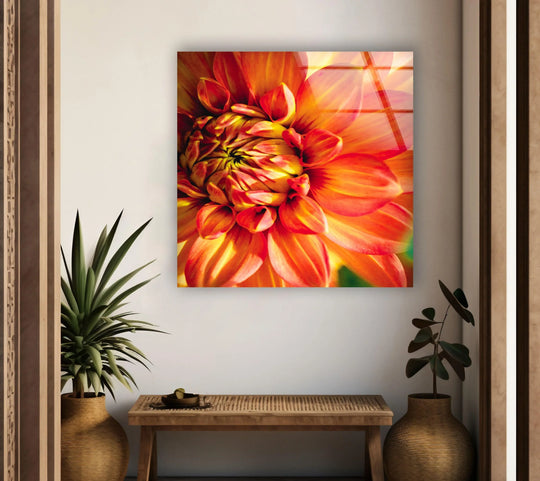 Visible tempered glass wall art edges and borders showcase a vibrant red flower in stunning clarity and enhance the artwork's refined presentation.