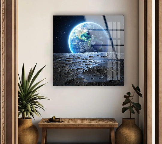 Space Wall Art featuring Earth and moon a glass wall art showcasing planet Earth artwork and space themed wall decor