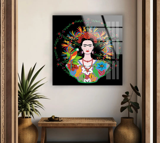 Frida Kahlo glass wall art features a high-gloss finish that enhances the vibrant colors of the portrait and its intricate floral details.