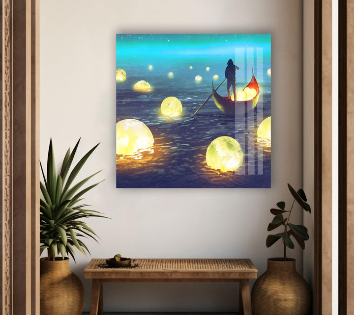 A mesmerizing night view of radiant spheres illuminating the water’s surface.
