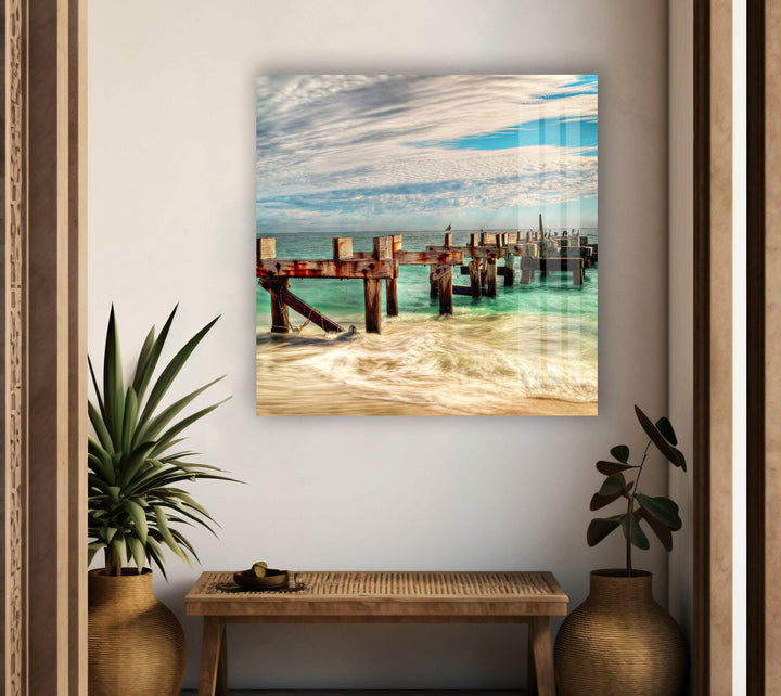 Tranquil Shoreline with Rustic Pier – A Timeless Coastal Wall Decor
