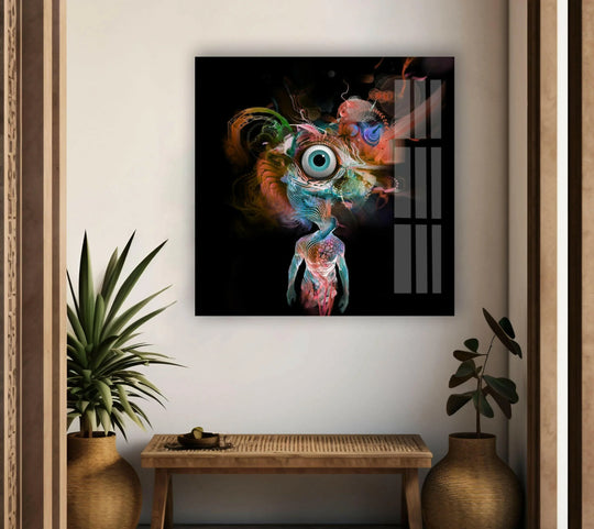 Vibrant glass wall art featuring a dominant cool blue eye and colorful abstract forms, a stunning piece of home decoration.