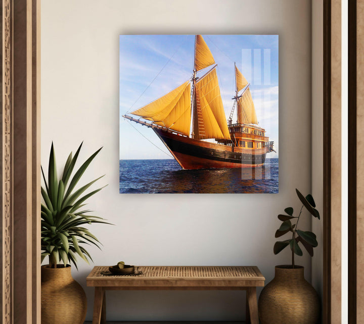 A beautifully detailed maritime artwork of a ship at sea, printed on high-quality tempered glass.
