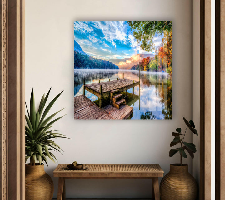 Nature art prints highlighting a wooden dock leading into a foggy lake with a picturesque mountain backdrop.
