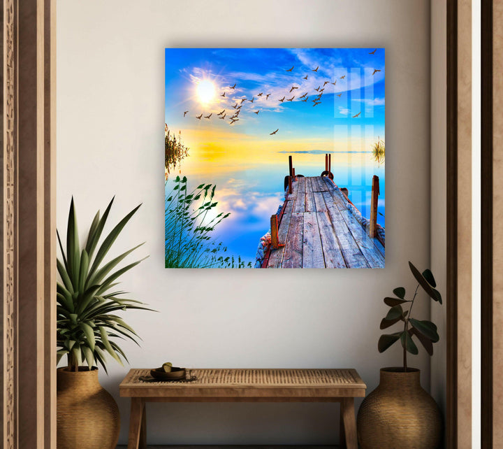 Meereslandschaft mit einem Pier Glas Wandkunst