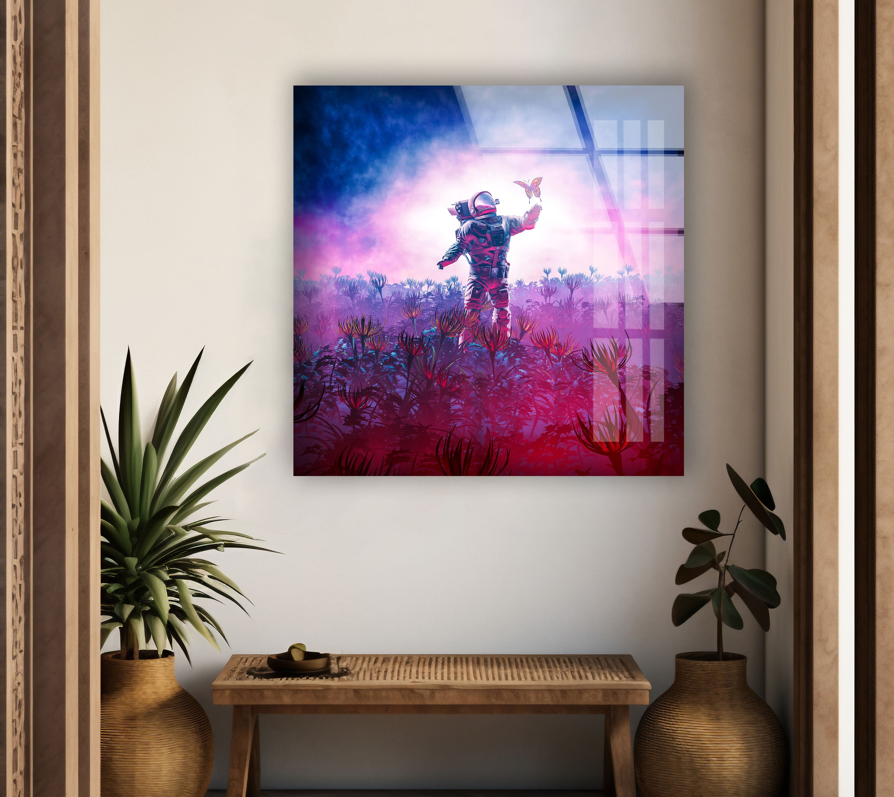 Astronaut Encountering Butterfly Tempered Glass Wall Art