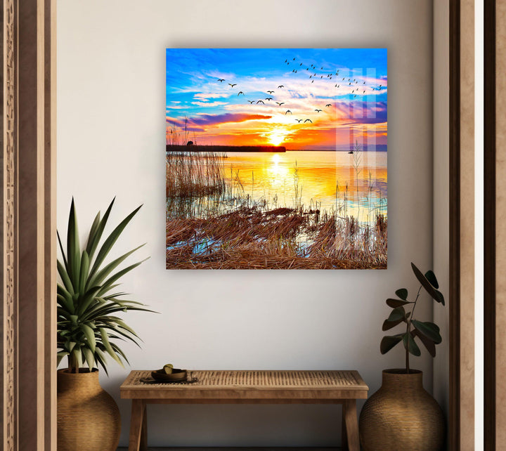 Nature’s Beauty at Dusk – A Stunning Lake and Sunset Scene on Glass
